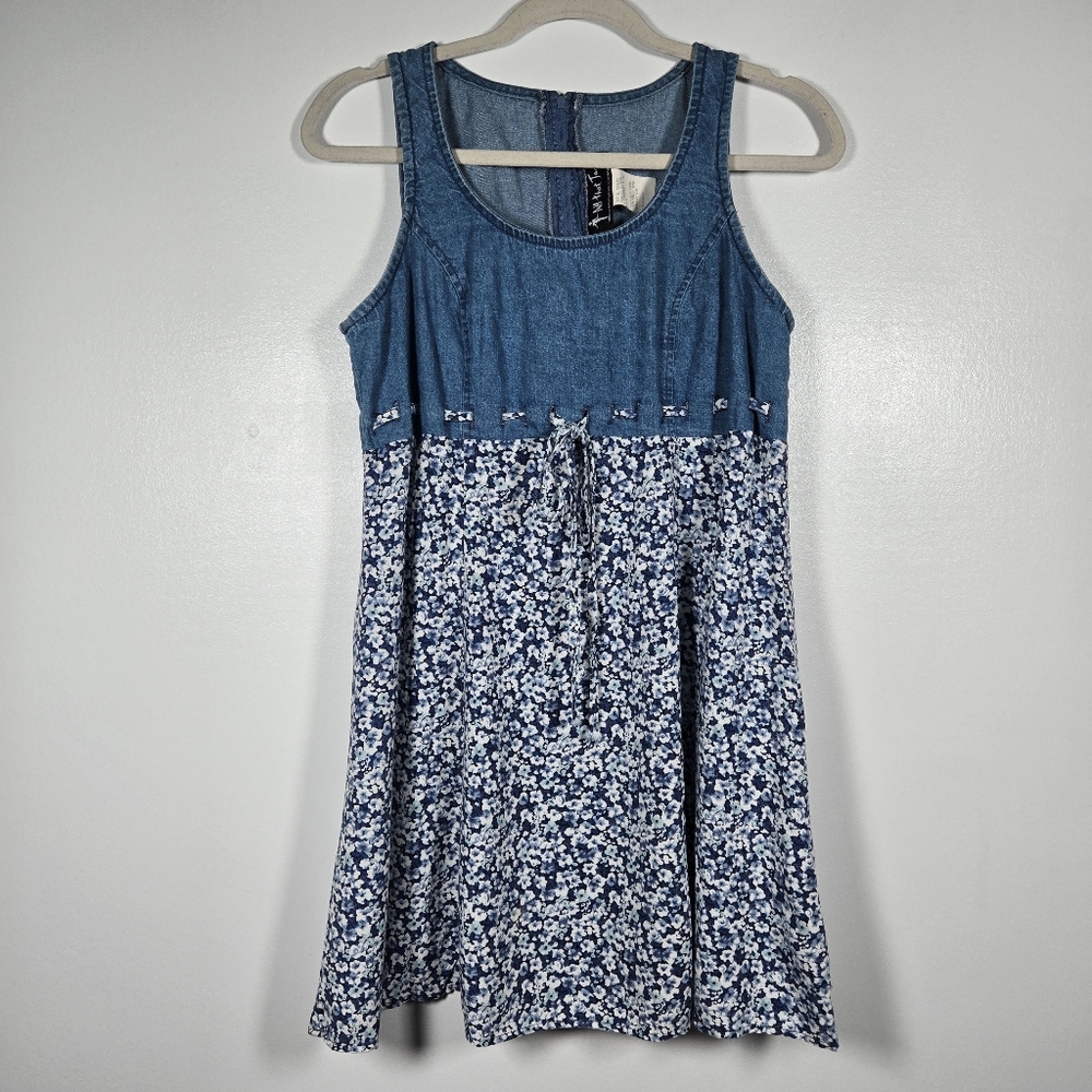 Vintage 90 Y2K All That Jazz Denim Ditsy Floral Empire Waist Babydoll Dress 9/10